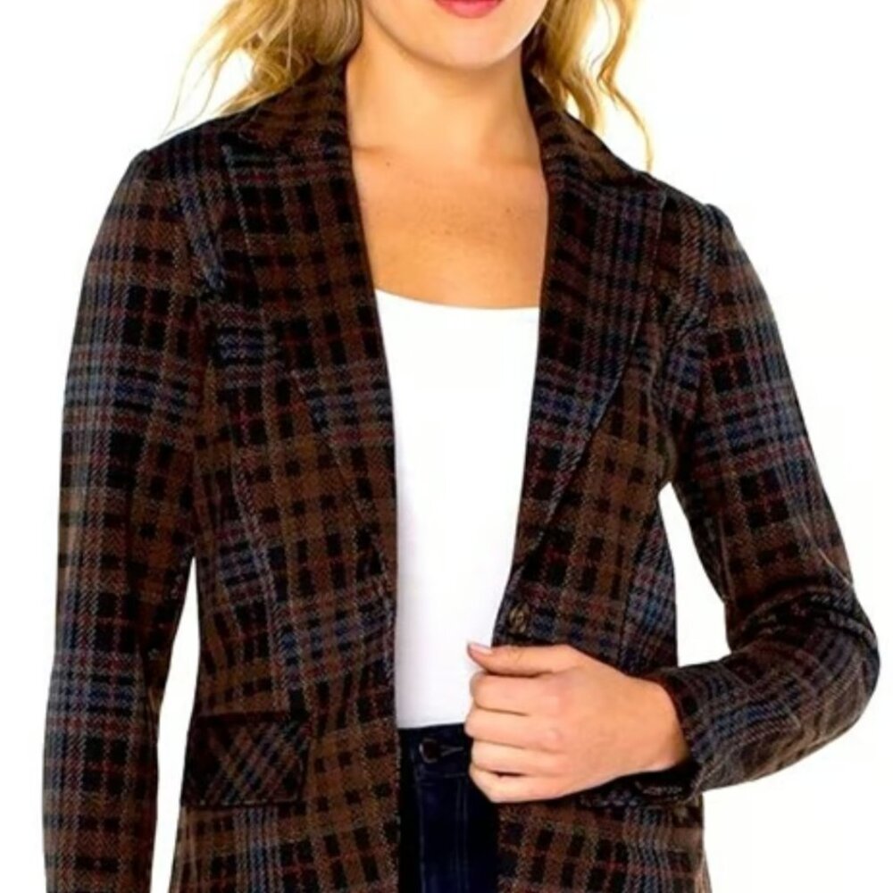 Liverpool Los Angeles Tartan Plaid Notched Blazer Brown and Blue Coat Sz Small
